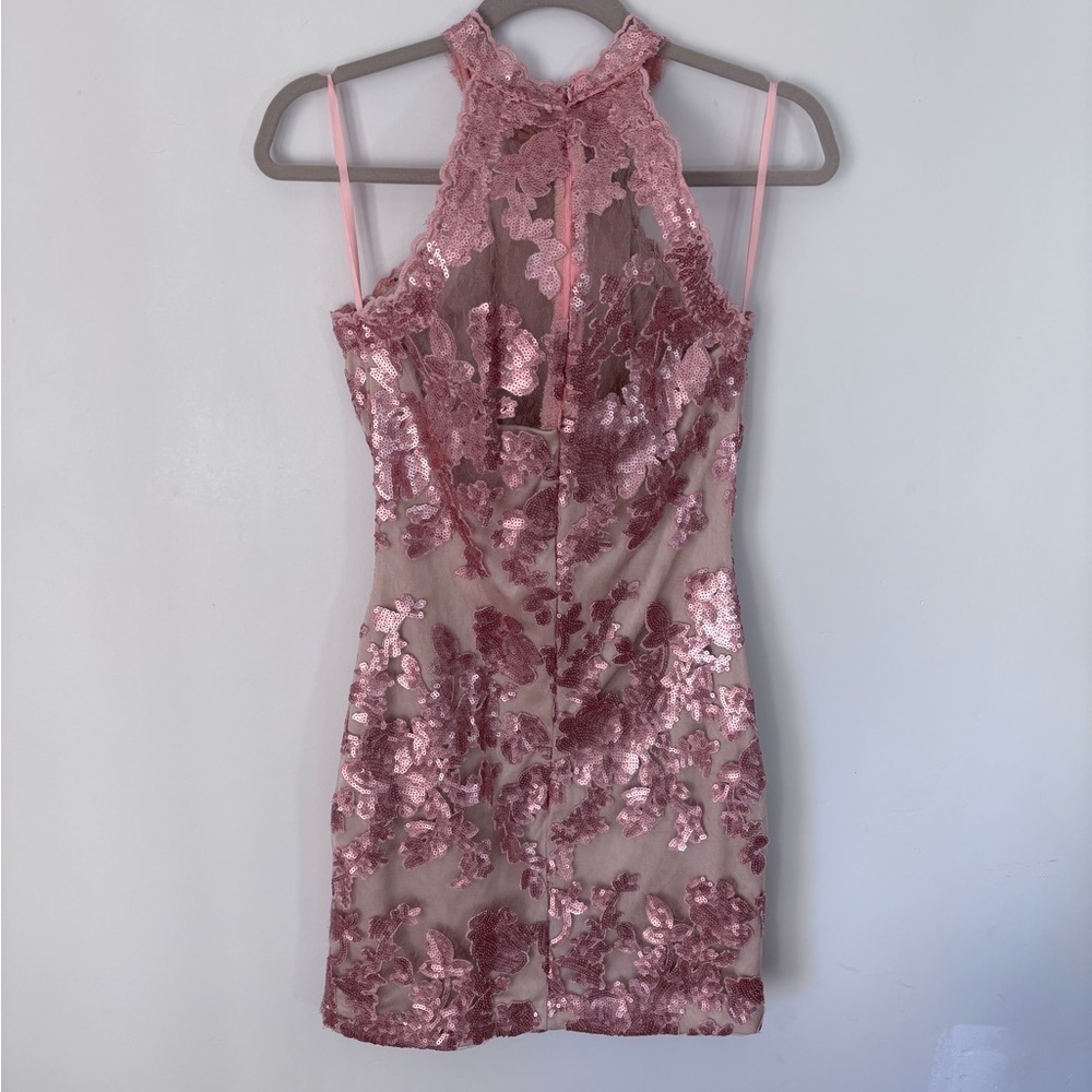 Va Va Voom Women’s Pink Sequin Above Knee Mini Dress High collar Zip back Size M - Picture 4 of 12